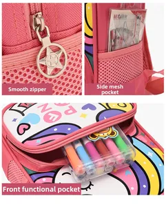 Detail of pink school backpack with star zipper, side mesh pocket, and front zip compartment