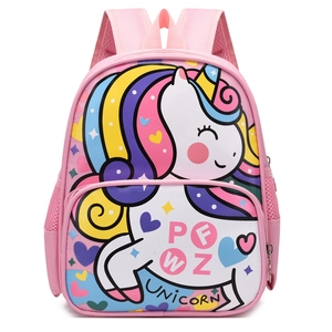 Pink waterproof kindergarten schoolbag with a cute cartoon unicorn pattern and front pocket