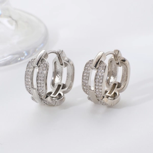 Micro-paved cubic zirconia silver chain link hoop earrings with sparkling metallic finish