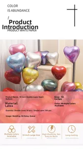 Detailed view of 10-inch double-layer heart latex balloons in various metallic colors