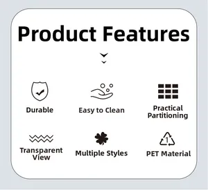 Detail showing PET material features with transparent durable compartments and easy cleaning