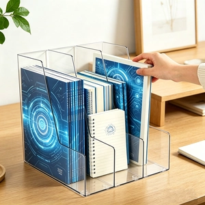 Transparent acrylic desk organizer with three vertical slots for books and office documents