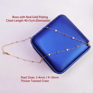 Elegant gold-plated copper necklace featuring 3-4mm and 9-10mm freshwater pearls