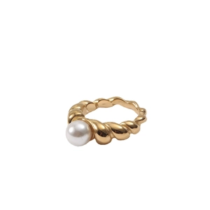 Elegant 18k gold plated braided rope ring with a large white pearl center on white background