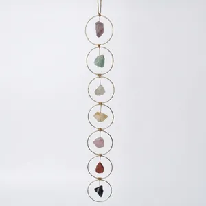 Seven chakra natural gemstone wall hanging decor with golden metal rings and crystals