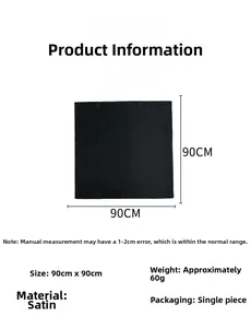 Detailed size specifications for 90cm black satin square scarf with material and weight info