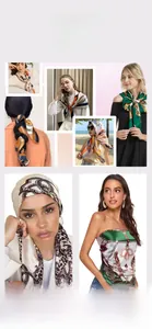 Detail of 90cm satin scarf showing multiple styling ways as headband and neck wrap