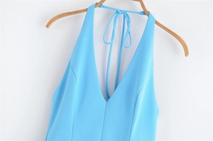 Detail of sky blue halter neck dress featuring deep V-neckline and princess seam stitching