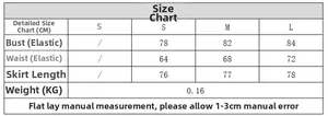 Detailed size chart for the asymmetric slim fit dress with measurements in CM and KG
