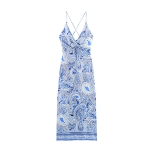 Blue and white paisley print halter midi dress with a V-neck and crisscross back straps