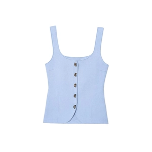 Gilet in maglia azzurro alla moda con scollo quadrato e bottoni metallici da donna