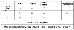Detailed size chart for long sleeve crochet top with bust and length measurements