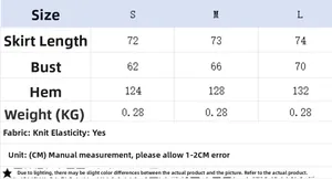Size chart for women's knitted mini dress with bust, length, and weight specifications