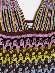 Close-up of multicolor crochet knit camisole featuring V-neck and zigzag patterns