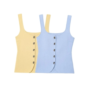 Gilet chic in maglia giallo e blu con scollo quadrato e bottoni in metallo a cuore