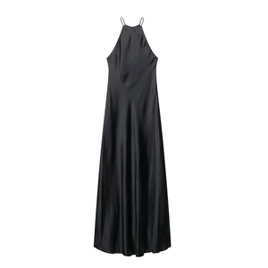 Elegant black satin halter long dress with a minimalist A-line silhouette for formal events