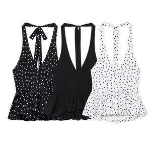 Women Vintage Polka Dot Halter Top Backless Deep V Neck Peplum Sleeveless Vest Summer Casual Party Fashion Shirt