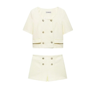 Completo da Donna Elegante in Tweed Giacca Corta a Maniche Corte o Pantaloncini a Vita Alta Crema Stile Francese a Doppio Petto