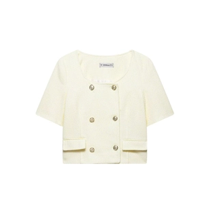 Completo in tweed beige con giacca a maniche corte, scollo a squadra e bottoni dorati