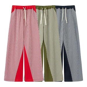 Women Casual Striped Color Block Wide Leg Pants Patchwork Drawstring Elastic Waist Straight Trousers Streetwear Fashion