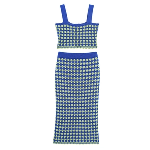 Women Knitted Argyle Cami Top Midi Skirt Set Vintage Slim Fit Plaid Crochet Two Piece Outfits For Beach Casual Vacation