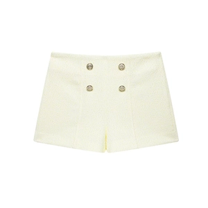 Eleganti pantaloncini in tweed giallo chiaro a vita alta con bottoni dorati vintage in tweed