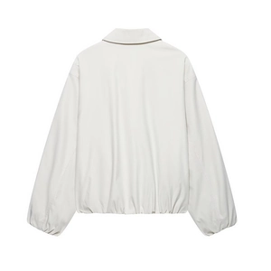 Off-white faux leather bomber jacket back view with elastic hem and classic collar