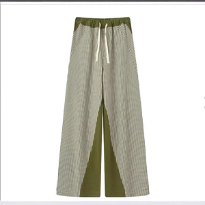 Women wide leg color block striped pants with elastic waist and drawstring in olive green