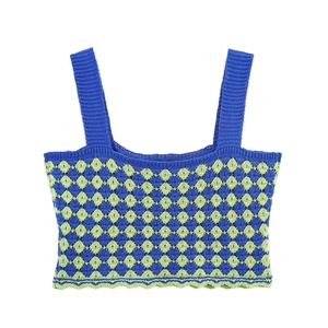 Women's plaid knit camisole with blue and green patterns and scalloped hem