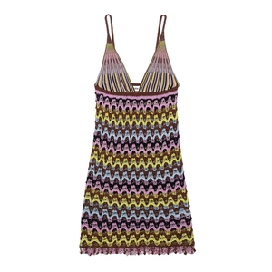 Women Sexy Crochet Mini Dress Multicolor Zigzag Knitted Spaghetti Strap V Neck Bohemian Vacation Beachwear Bodycon Short Dress