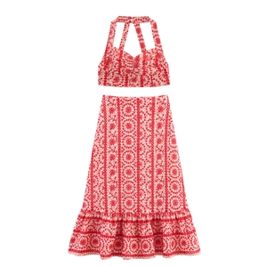 Women Halter Neck Floral Embroidery Eyelet Crop Top And Ruffle Midi Skirt For Summer Beach Vacation Outfits
