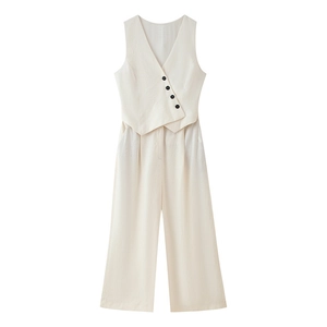 Women Early Spring Sleeveless Single-Breasted Vest And Wide Leg Pants Top And Bottom Commuter Fashion Casual Polyester Outfit