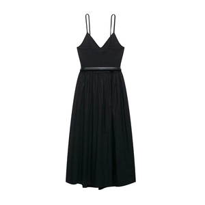 Elegant black V-neck midi camisole dress with pleated A-line skirt and matching waist belt