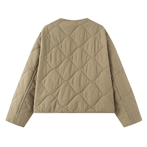 Women's khaki quilted lightweight jacket with a diamond pattern and crew neck design