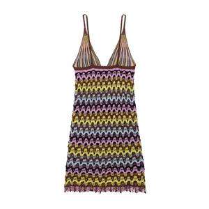 Bohemian crochet zigzag striped mini dress with colorful knit patterns and V-neck straps