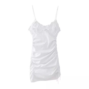 Women White Camisole Mini Dress V Neck Bow Ruched Drawstring Sexy A-Line Sleeveless Summer Party Casual Short Sun Dress