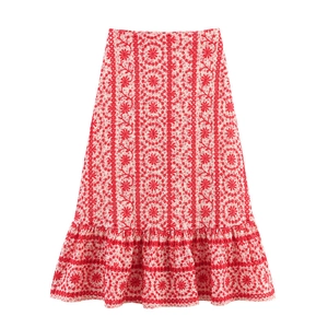 Red and white floral eyelet embroidery A-line midi skirt with high waist ruffle hem