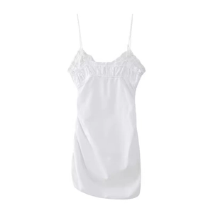 Elegant white spaghetti strap dress with ruched bust detail for summer fashion