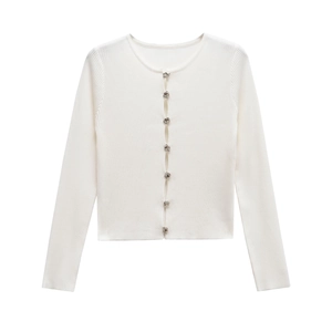 Women's Slim Fit Ribbed Knit Cardigan White Long Sleeve Top With Irregular Silver Metal Buttons Minimalist Casual Sweater