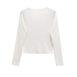 Women's casual white long sleeve ribbed knit sweater with a minimalist crew neck design
