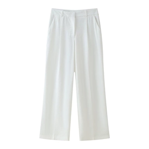 Elegant white high-waisted wide-leg trousers with front pleats for women's spring fashion