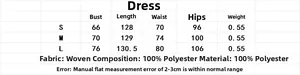 Size chart showing bust, waist, and length measurements for the printed mesh dress