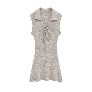 Women's Sleeveless Knit Mini Dress Elegant Lapel V-Neck Tie-Front Heather Gray Slim Fit Casual Short Dress For Summer Spring