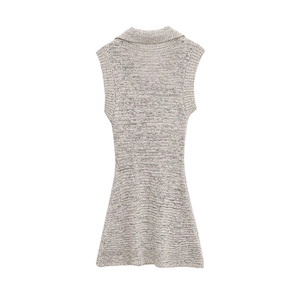 Back view of women's sleeveless knitted dress with lapel collar in mottled gray color