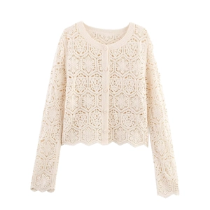 Women's Retro Crochet Floral Cardigan Long Sleeve Round Neck Hollow Out Scalloped Edge Button Up Knit Sweater Top Cream