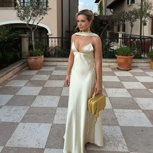 Abito Lungo in Raso Elegante da Donna Scollo all'Americana Sexy Profondo Scollo a V Schiena Scoperta con Sciarpa Festa Cerimonia