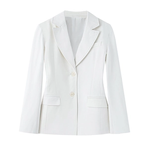 Detailed close-up of a white slim-fit blazer with notch lapels and flap pockets