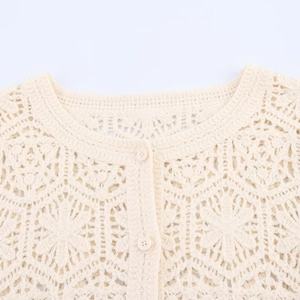 Elegant cream white crochet long sleeve top with floral geometric knit patterns