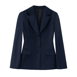 Detailed front view of navy blue tailored blazer with two-button closure and flap pockets