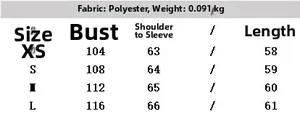 Detailed size chart for printed blouse showing chest and sleeve measurements in cm